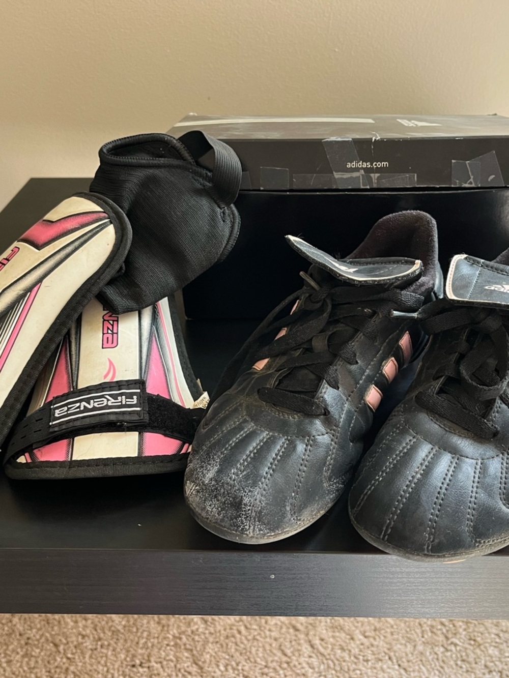 adidas Kids Black and Pink Soccer Cleats with Matching Shin Guards